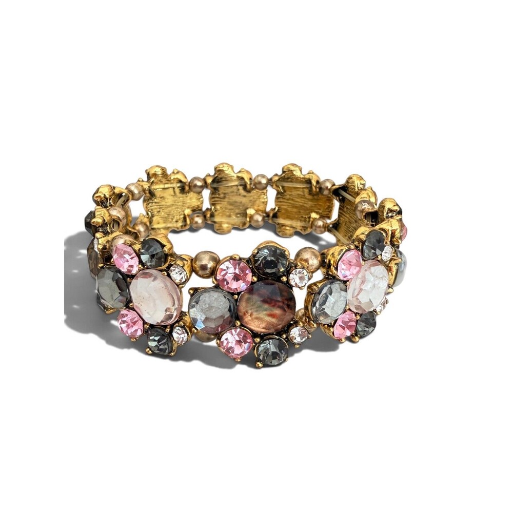 Pink Gray Crystal Cluster Stretch Bracelet Gold Tone Chunky Statement Bold and
